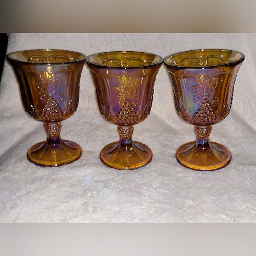 Vintage Indiana Glass 3 piece  Harvest Goblet Set Iridescent Gold Carnival Glass